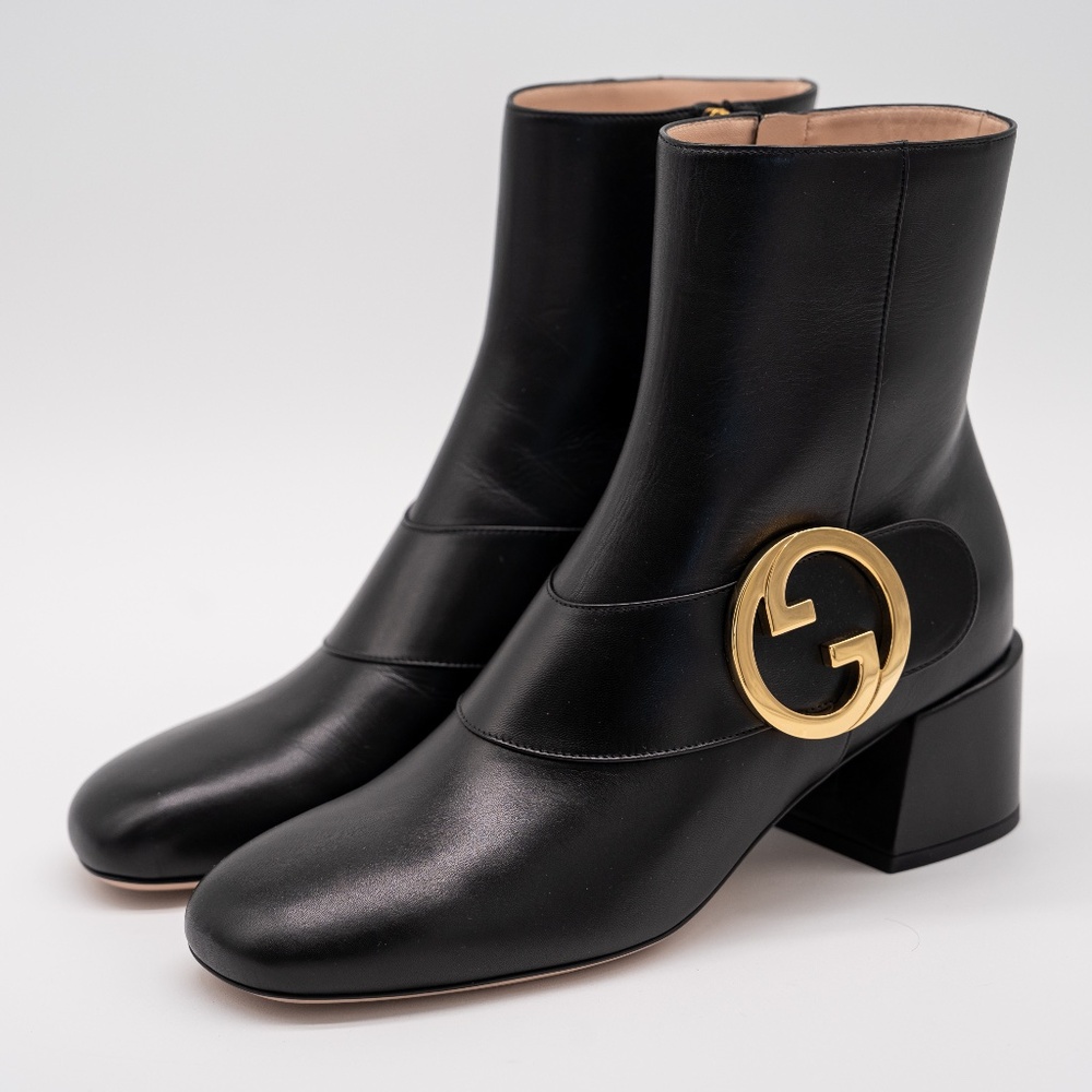 size 41G 11 US Gucci GG Blondie Black Leather Ankle Boots Gold